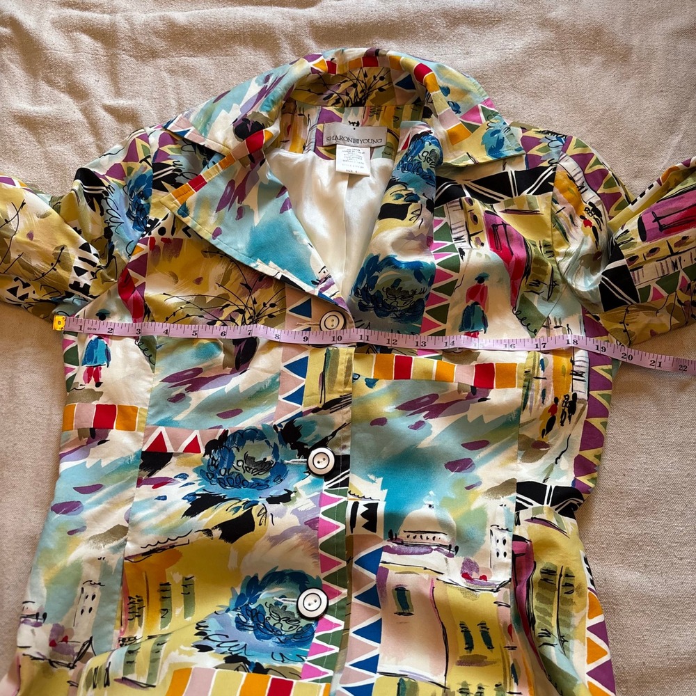 Sharon Young Multi Color‎ Abstract Art Print Cotton Blend A-Line Coat Size 6 - Picture 6 of 8